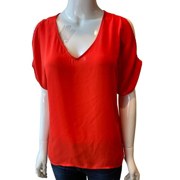 Lush Womens Cold Shoulder Blouse Top Short Sleeve V Neck Red Size X Small - Picture 1 of 6